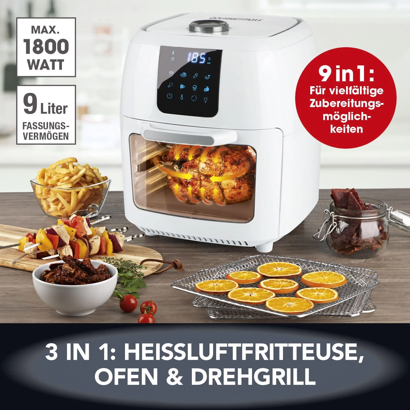 Heißluft Fritteuse Friteuse Pommes Backofen Drehgrill Touch Timer Airfryer 9in1 4 Heißluft Fritteuse Friteuse Pommes Backofen Drehgrill Touch Timer Airfryer 9in1 – Bild 2