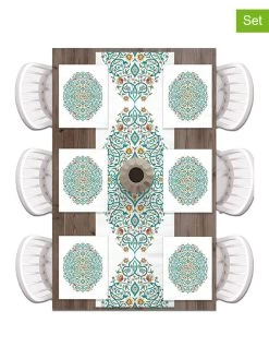 7tlg. Set: Tischläufer Und Tischsets In Weiß/ Grün