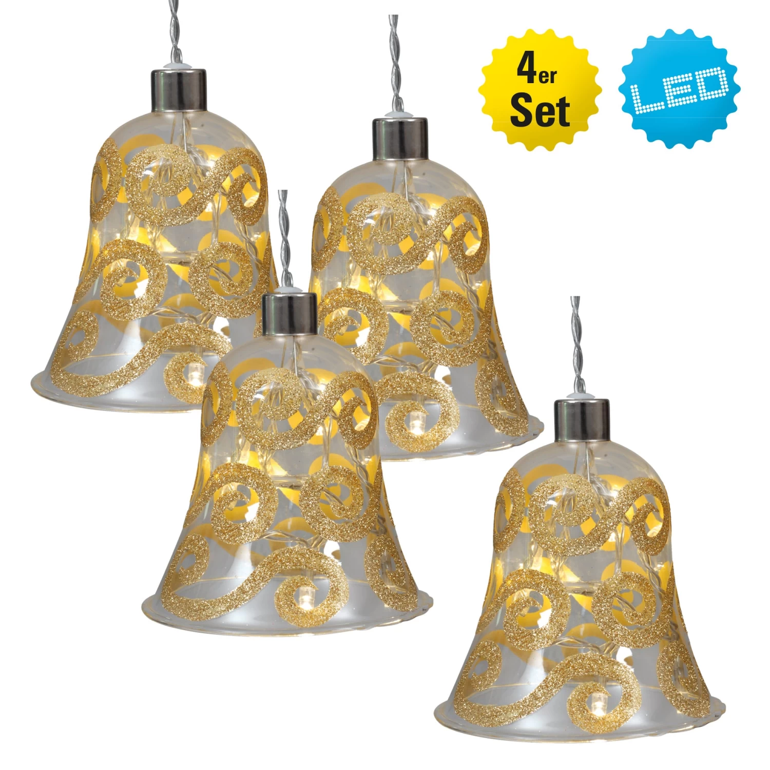 Dekoglas Mit Lichterkette "Glocke" 4er-Set In Gold 3 Dekoglas Mit Lichterkette "Glocke" 4er-Set In Gold