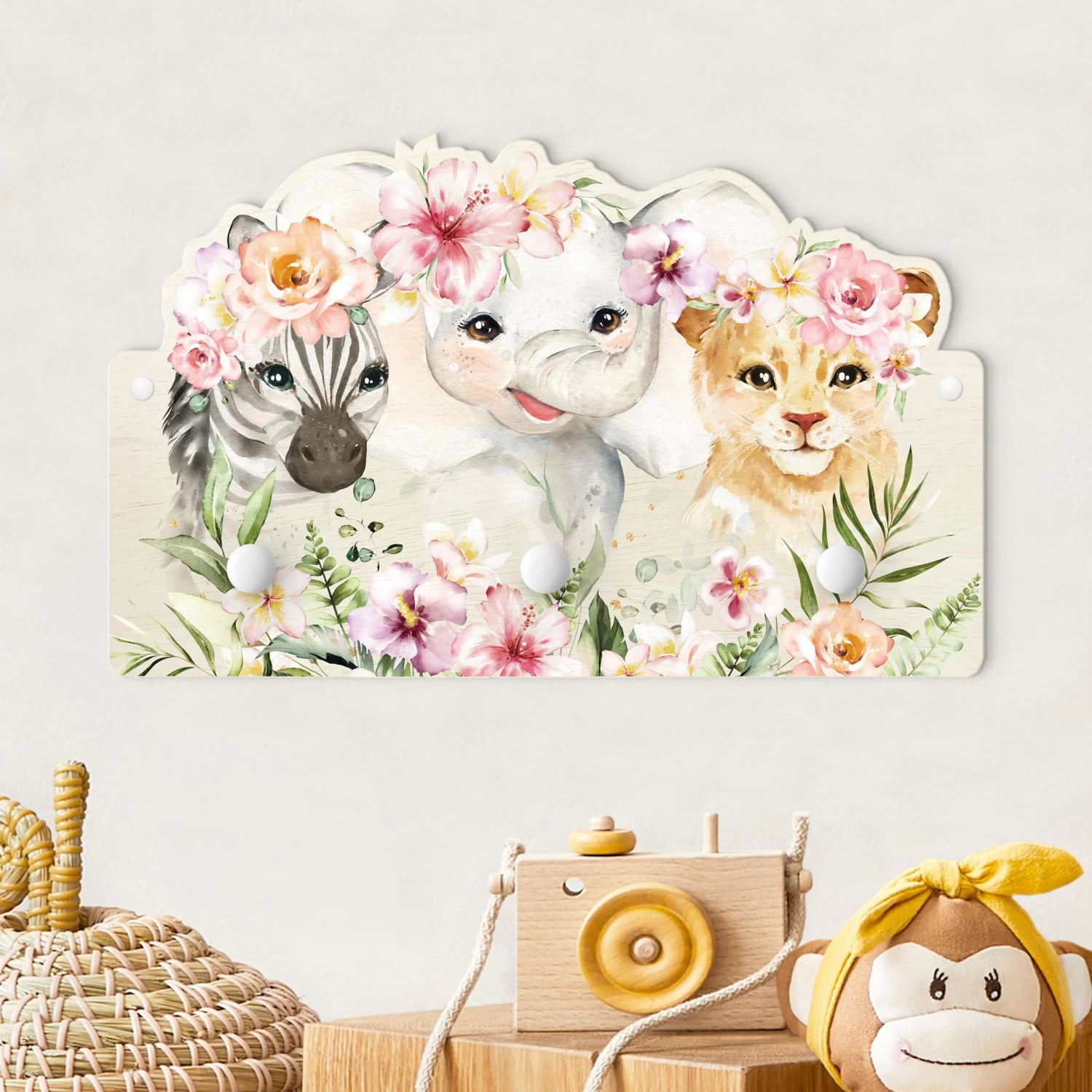 Kindergarderobe Holz - Aquarell Zebra Elefant Löwe Blüten In Pastell 4 Kindergarderobe Holz - Aquarell Zebra Elefant Löwe Blüten In Pastell – Bild 2
