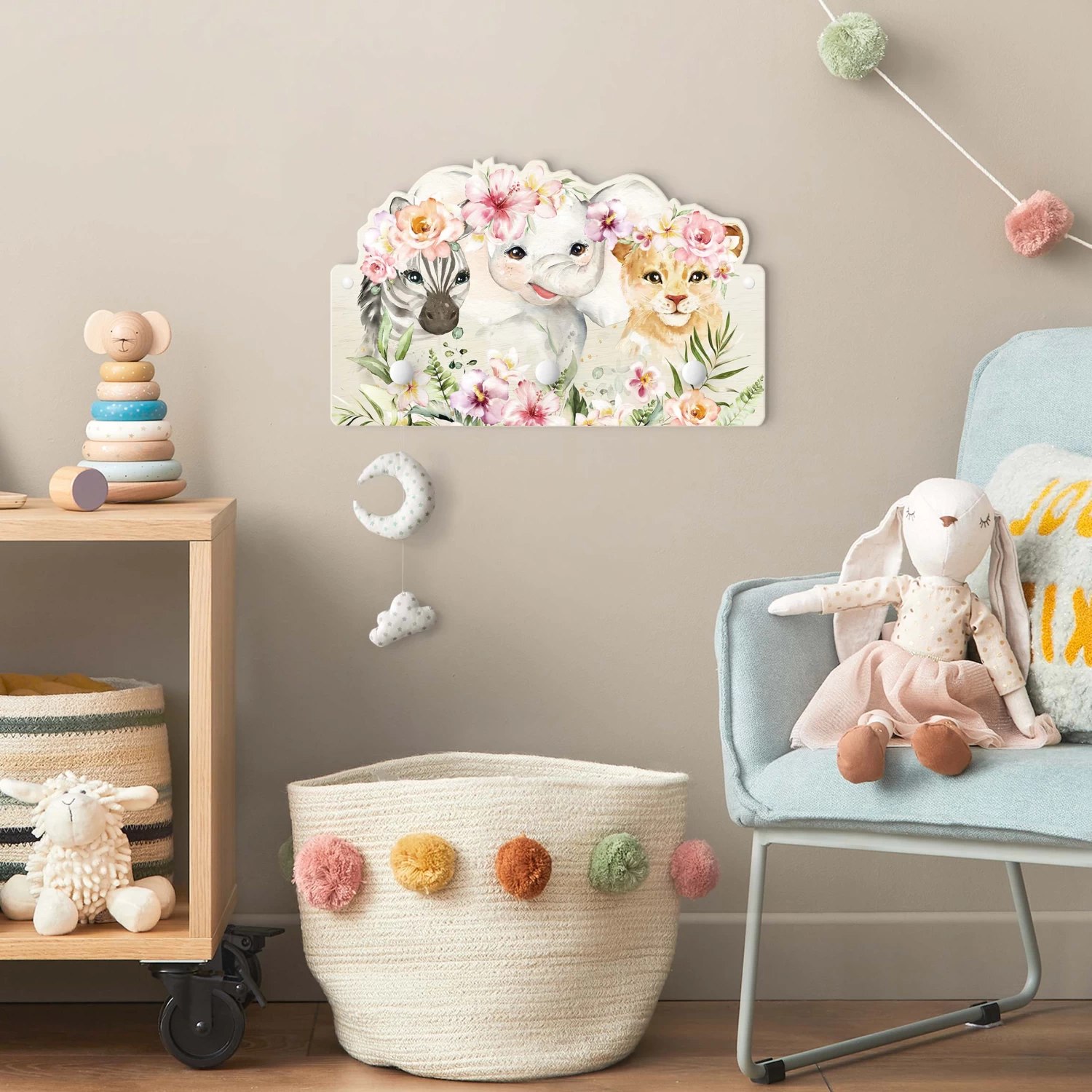 Kindergarderobe Holz - Aquarell Zebra Elefant Löwe Blüten In Pastell 5 Kindergarderobe Holz - Aquarell Zebra Elefant Löwe Blüten In Pastell – Bild 3
