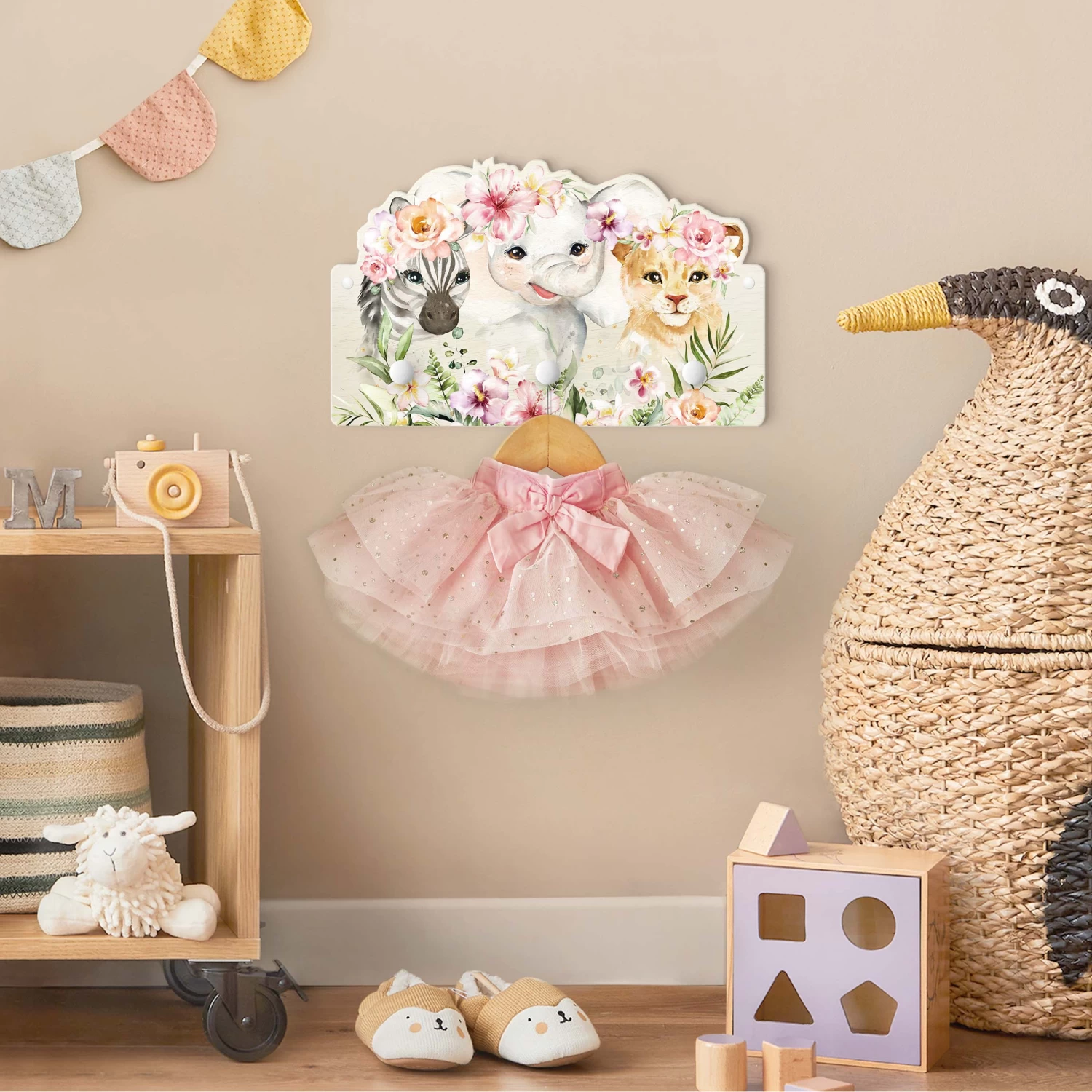 Kindergarderobe Holz - Aquarell Zebra Elefant Löwe Blüten In Pastell 6 Kindergarderobe Holz - Aquarell Zebra Elefant Löwe Blüten In Pastell – Bild 4