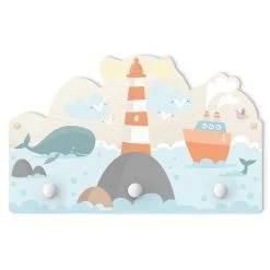 Kindergarderobe Holz - Leuchtturm Und Wale In Pastell