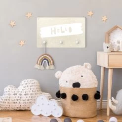 Kindergarderobe Holz - Spruch Hello Auf Pinselstrich Weiß In Weiß -Petromax Store wallart kindergarderobe holz spruch hello auf pinselstrich weiss in weiss 3