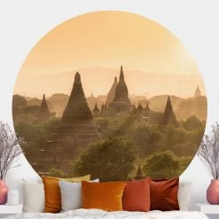 Runde Tapete - Sonnenuntergang über Bagan In Orange -Petromax Store wallart runde tapete sonnenuntergang uber bagan in orange 1