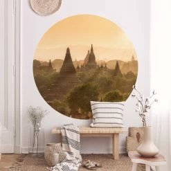 Runde Tapete - Sonnenuntergang über Bagan In Orange -Petromax Store wallart runde tapete sonnenuntergang uber bagan in orange 2