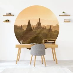 Runde Tapete - Sonnenuntergang über Bagan In Orange -Petromax Store wallart runde tapete sonnenuntergang uber bagan in orange 3