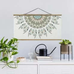 Stoffbild - Mandala Aquarell Federn Halbkreis Blau Grün In Blau -Petromax Store wallart stoffbild mandala aquarell federn halbkreis blau grun in blau 1