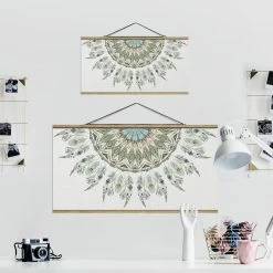 Stoffbild - Mandala Aquarell Federn Halbkreis Blau Grün In Blau -Petromax Store wallart stoffbild mandala aquarell federn halbkreis blau grun in blau 6