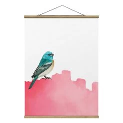 Stoffbild Mit Posterleisten - Vogel Auf Pink In Pink