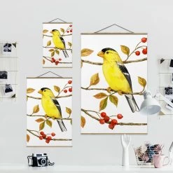 Stoffbild Mit Posterleisten - Vögel Und Beeren - Goldzeisig In Weiß -Petromax Store wallart stoffbild mit posterleisten vogel und beeren goldzeisig in weiss 6