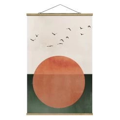 Stoffbild - Vogelschwarm Vor Aufgehender Sonne In Rot
