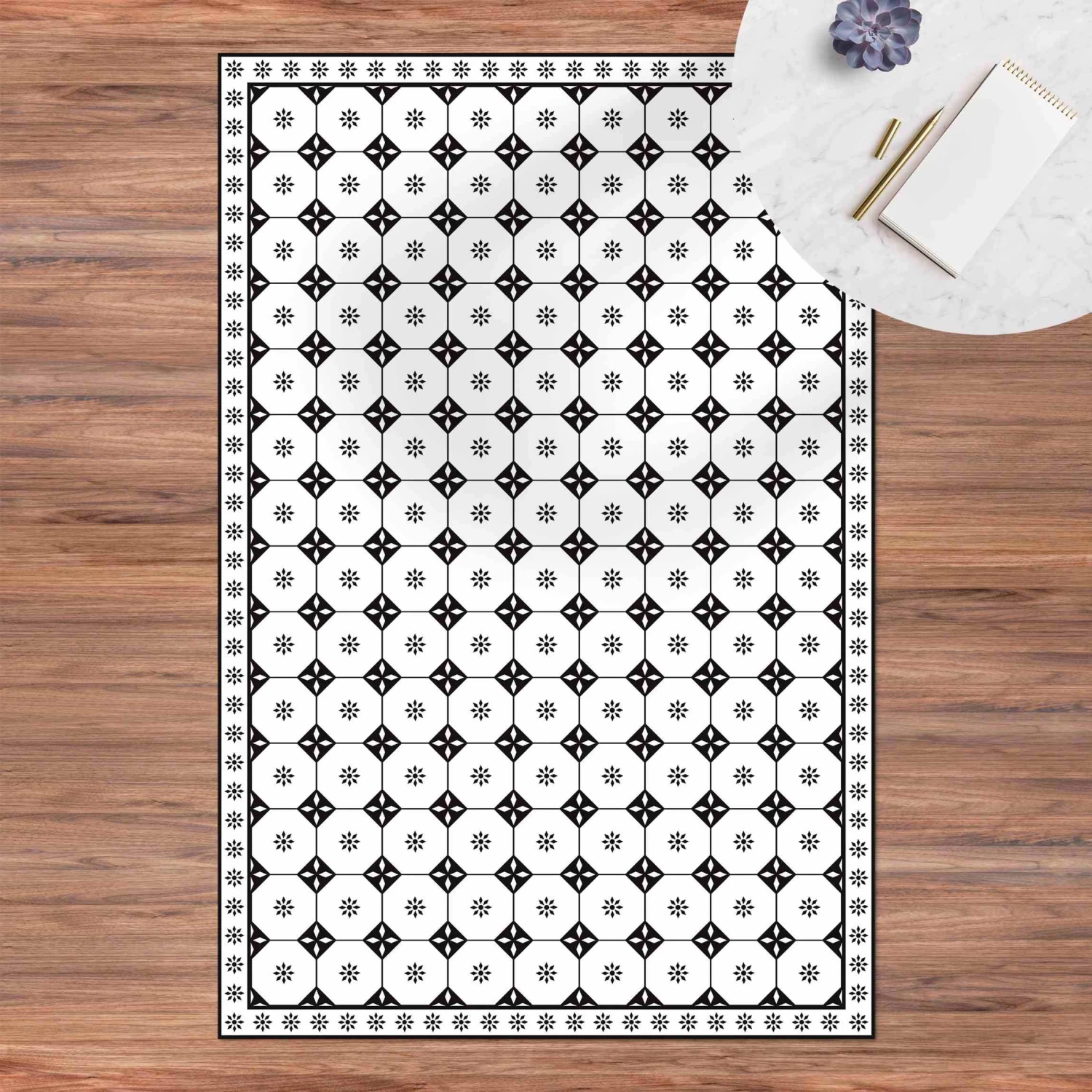 Vinyl-Teppich - Geometrische Fliesen Landhaus Mit Bordüre In Schwarz-Weiß 5 Vinyl-Teppich - Geometrische Fliesen Landhaus Mit Bordüre In Schwarz-Weiß – Bild 3