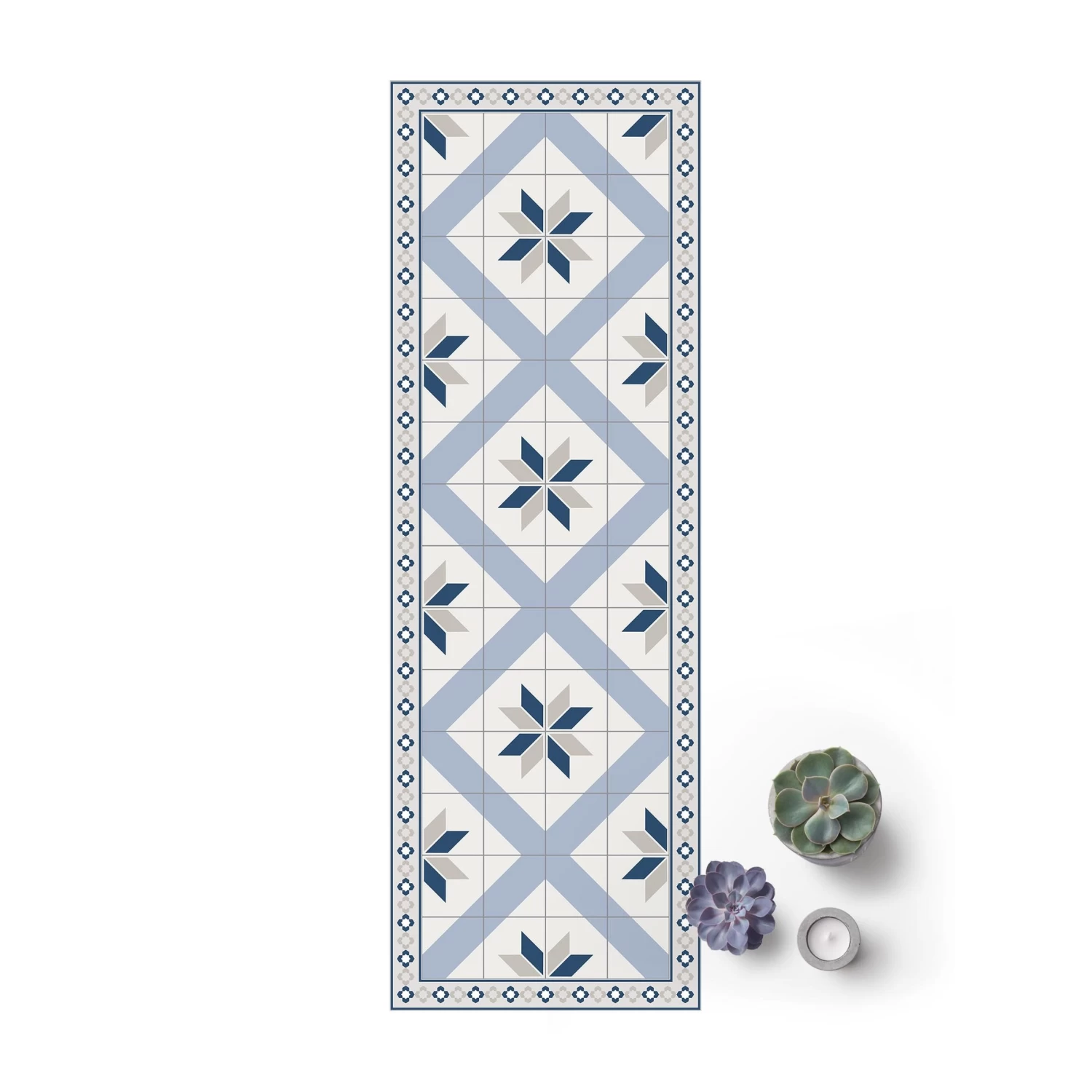 Vinyl-Teppich - Geometrische Fliesen Rautenblüte Mit Bordüre In Blau 3 Vinyl-Teppich - Geometrische Fliesen Rautenblüte Mit Bordüre In Blau